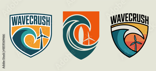 Wavecrush surf and wind energy crest set with curling waves, surfboard and turbine icons, beach lifestyle shield logos for coastal apparel, clubs and eco brands