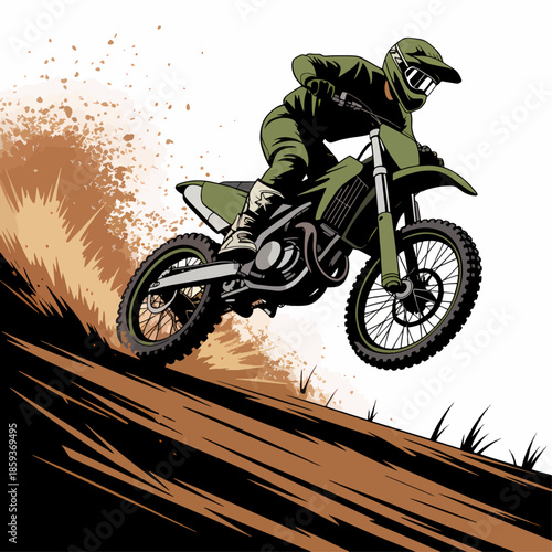 Motocross downhill dirt bike illustration with rider carving a roost on steep slope, extreme off‑road enduro racing artwork for adrenaline sport posters and branding