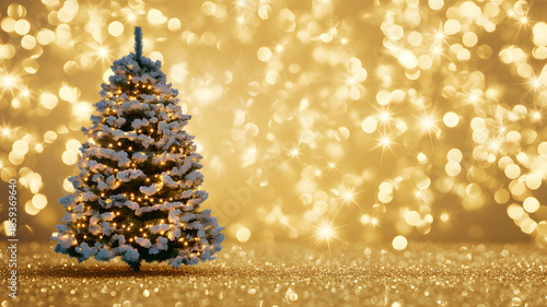 Snowy Christmas tree with warm golden lights on glittering floor