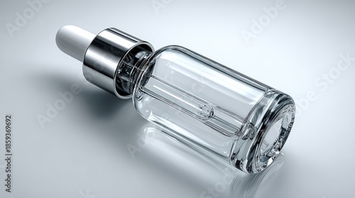 Close-up of a clear glass dropper bottle with a silver cap, resting on a smooth surface, ideal for skincare