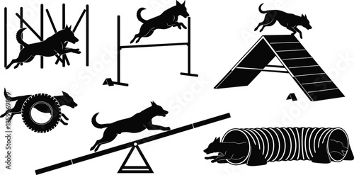 Dog agility silhouette illustration, athletic canine poses, obstacle course vector art, jumping, weaving, climbing, tunnel, tire, seesaw, training