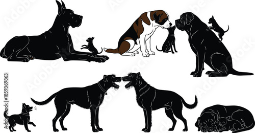 Dog and cat silhouettes, pet interaction poses, animal friendship, vector art, peaceful pets, barking dogs, sleeping animals, black shapes