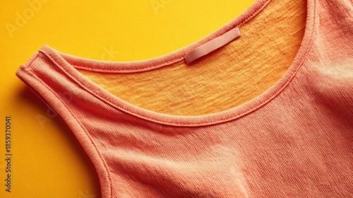 Close-up of a coral tank top on a vibrant yellow background, showcasing fabric texture and color