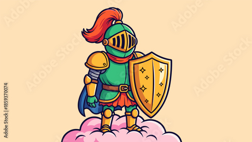 Cartoon Knight in Shining Armor Standing on a Cloud.