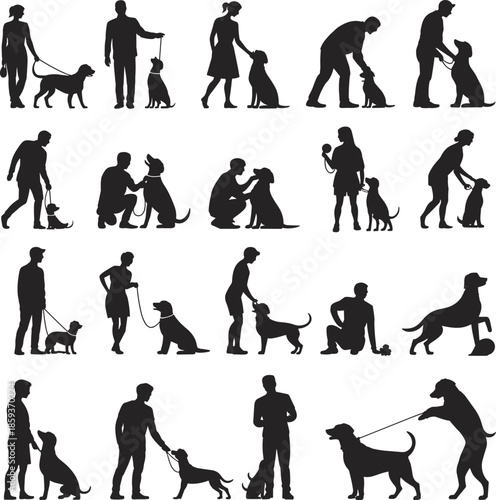 Dog training, pet care, human dog bonding, silhouette illustration, obedience, walking, playing, tricks, companionship, black vector, animal behavior