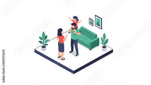 Isometric family home scene with parents and child in living room