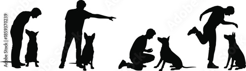 Dog training silhouettes, human interaction, pet obedience, command posture, dog communication, playful bonding, animal behavior, training poses, dog discipline, pet care, dog commands