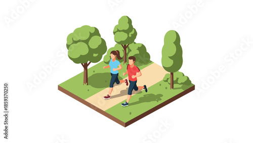 Isometric running couple in park with lush greenery