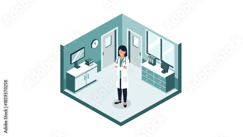 Isometric medical office with doctor standing in modern clinic