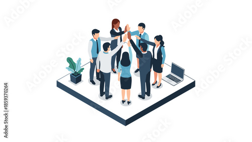 Team unity celebration: isometric office teamwork with high five gesture