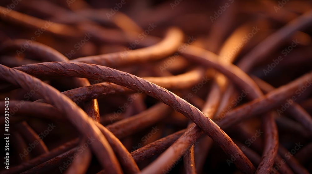 Fototapeta premium Close up of tangled rusty metal cables forming a complex textured abstract background