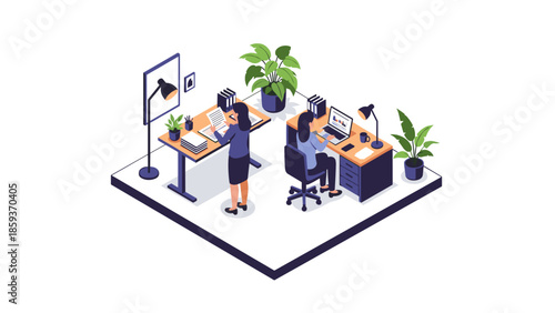 Modern isometric office workspace with people and plants in minimalist design