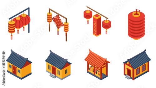 Traditional chinese lanterns and houses in isometric style