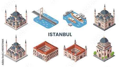 Istanbul isometric landmarks: mosques, bridges, and boats in detailed 3d design