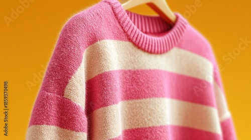 Close-up of a cozy pink and cream striped sweater hanging against a vibrant orange backdrop