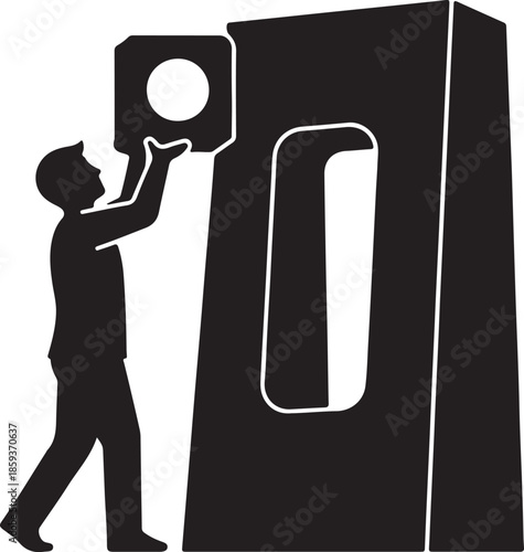 Man putting hard disk into server cabinet