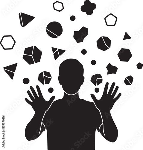 Man surrounded by geometric shapes and objects in the air