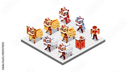 Festive lion dance with performers in traditional costume on isometric stage