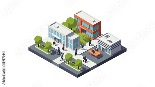 Isometric urban office scene with walking people and trees