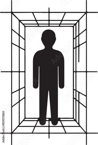 Man trapped in cagelike structure with grid pattern