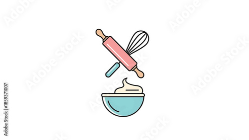 A flat illustration depicts baking tools, a rolling pin, whisk, a bowl of whipped cream, and a spatula, all arranged on a white background. Simple and colorful design