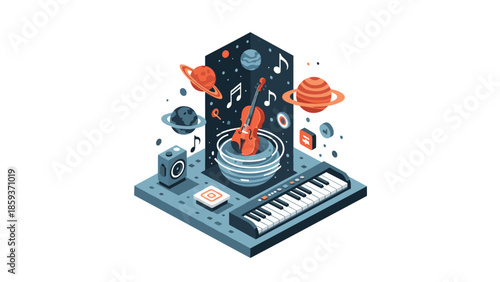 Cosmic music world with violin and keyboard in isometric design