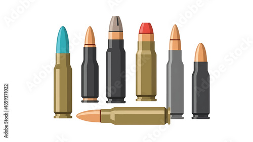 A flat illustration depicts seven bullets of varying sizes and colors arranged against a stark white background. This image has a clear, stylized aesthetic
