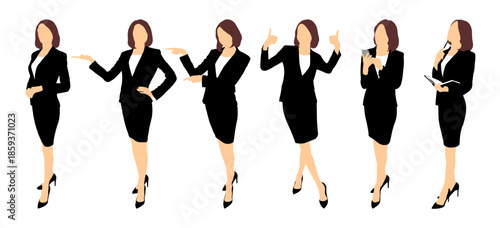 Vector illustration of a business woman character demonstrating various gestures. Brown hair, wearing a black shirt. Flat design, isolated on a white background.