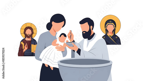 A flat illustration of a baptism ceremony, with a baby being held and a priest performing the ritual. Icons surround the scene