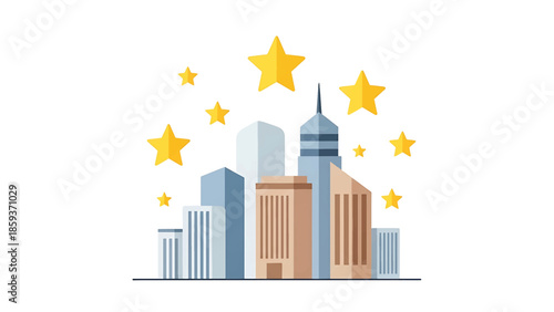 A flat illustration depicts stylized urban structures, varying in height and form. A collection of golden stars floats above the skyline, creating a celebratory image