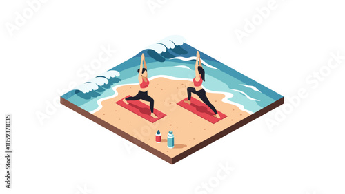 Isometric beach yoga scene with two people practicing on the sand by the ocean waves