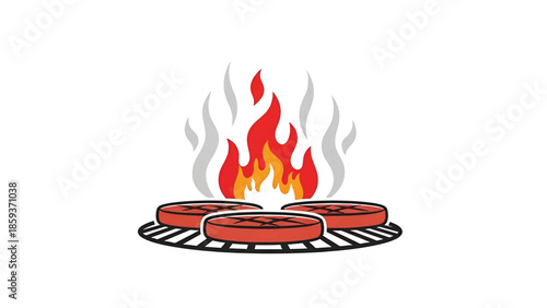 A flat illustration of a barbecue with red, cooked patties on a grill, flames, and smoke. The background is white