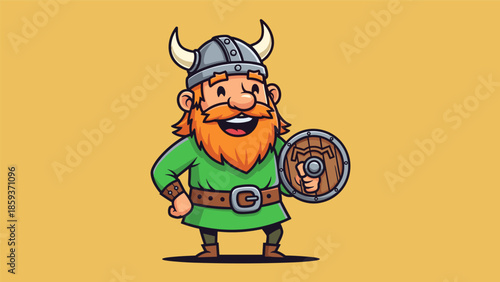 Cartoon Viking Warrior with Horned Helmet and Wooden Shield.