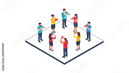 Team collaboration in isometric style with diverse professionals engaging with technology