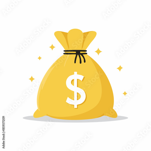 Bright flat design vector illustration of a yellow money bag with a prominent dollar sign, tied string, and sparkles, symbolizing financial prosperity, wealth, savings, and success