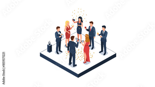 Isometric office party with business people celebrating and networking
