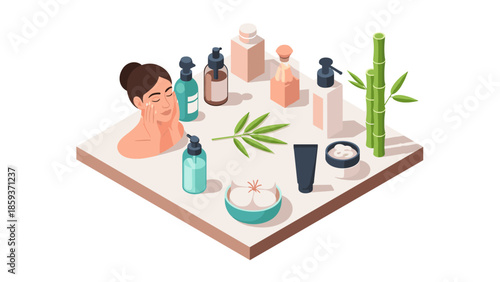 Isometric spa scene with skincare products and relaxed woman