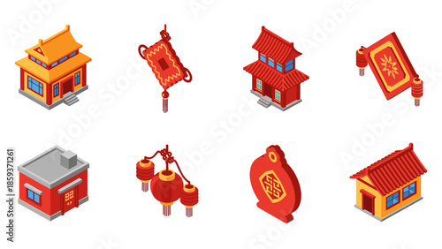 Isometric chinese architecture and lantern icons for lunar new year design