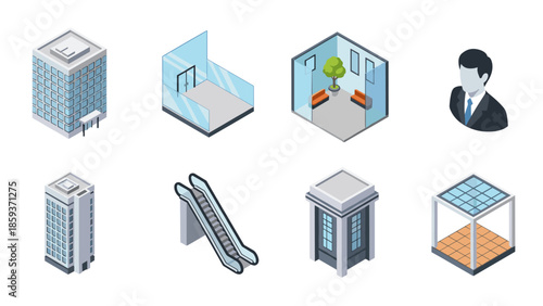 Isometric building elements with modern office interiors and figures