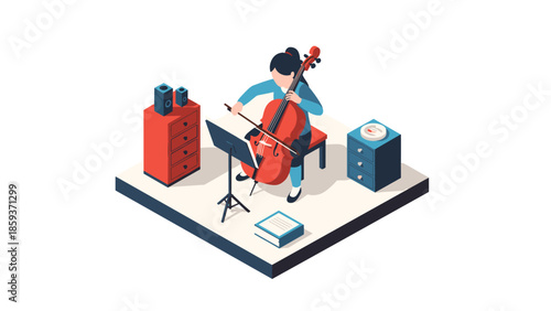 Isometric cellist practicing in modern music room setting with cello and sheet music