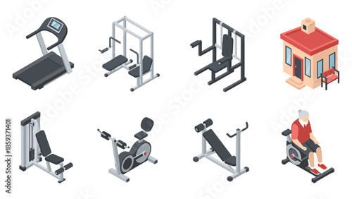 Isometric fitness equipment and home gym with cartoon style exercise machines