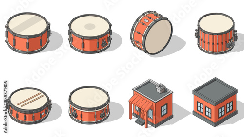Isometric drum set and house icons on white background