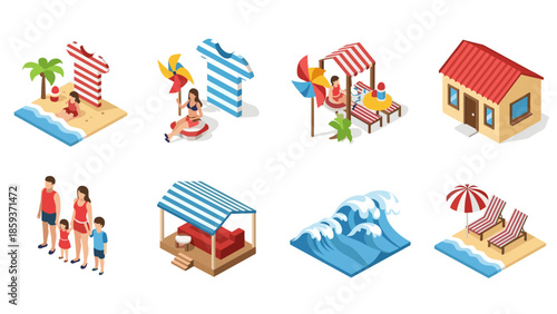 Isometric summer beach scene with family, waves, and cabana elements