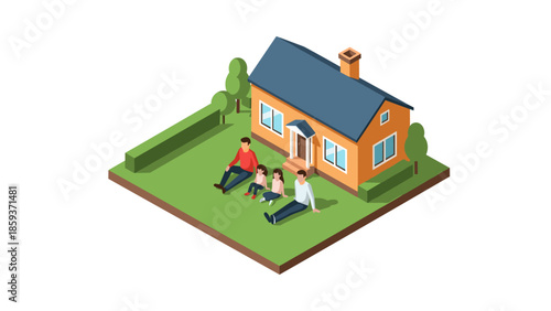 Family enjoying a day outdoors near cozy house in isometric view