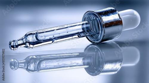 Close-up of a glass dropper on a reflective surface, showcasing its sleek design and clarity