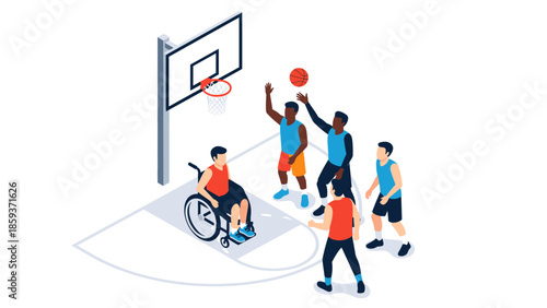 Inclusive basketball game featuring diverse players in wheelchair and standing positions