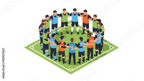 Soccer team huddle on field in isometric style