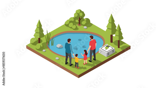 Family enjoying nature by a pond in a peaceful isometric landscape design