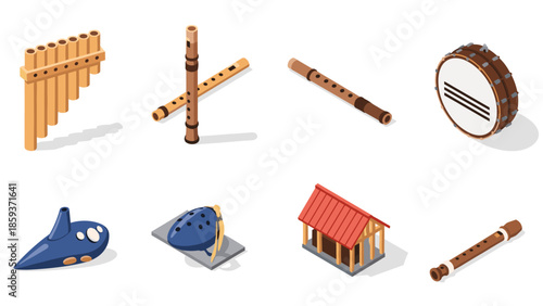 Isometric musical instruments collection: flute, drum, ocarina, xylophone, tribal hut