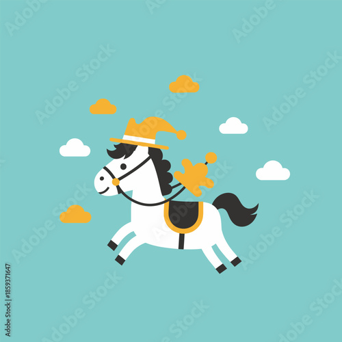 White Horse with Black Mane Running.